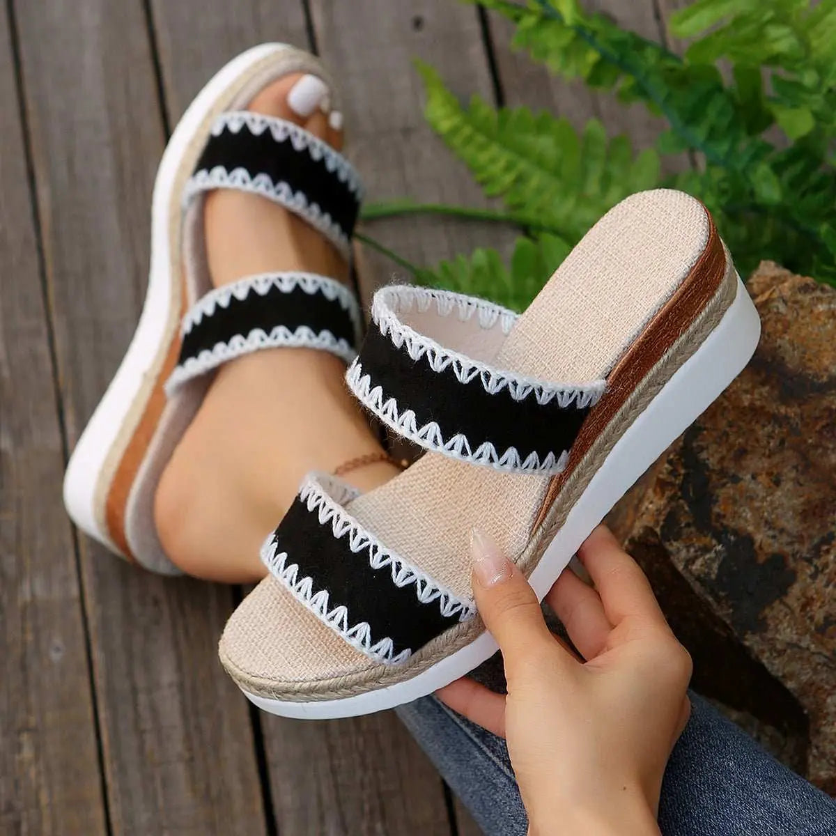 New Hemp Rope Woven Wedge Slippers Summer Ethnic Style Sandals Double Wide Strappy Shoes For Women - AMIR BAGS INDIA PRIVATE LIMITED