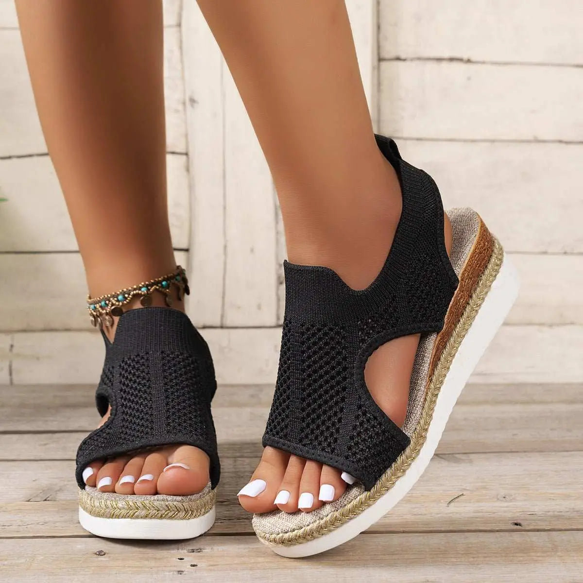 New Hollow Wedges Sandals Summer Fly Woven Breathable Mesh Shoes For Women Peep - Toe Sandals - AMIR BAGS INDIA PRIVATE LIMITED