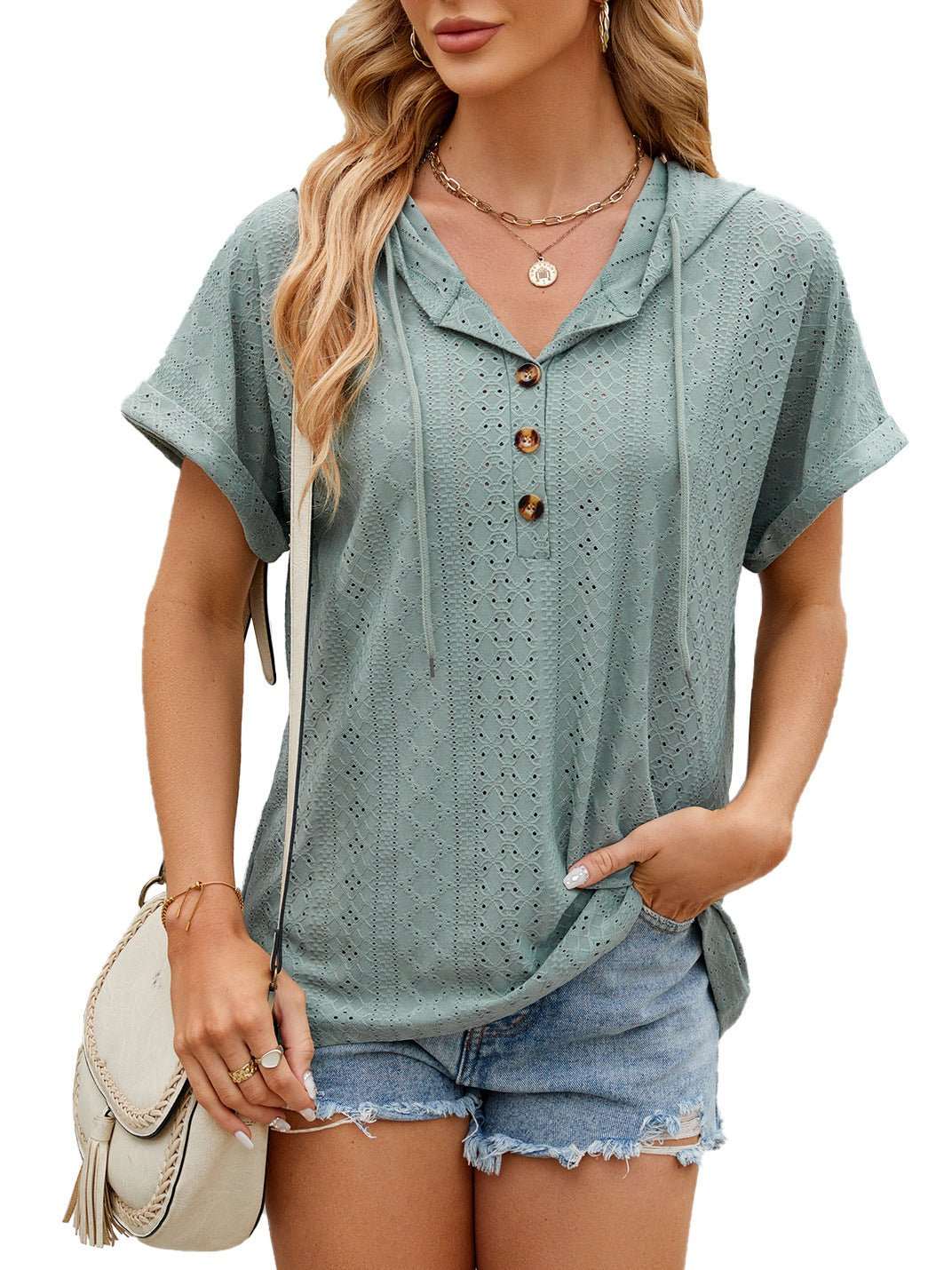 New Solid Color Hooded Button T-shirt Loose Hollow Design Short - sleeved Top For Womens Clothing - AMIR BAGS INDIA PRIVATE LIMITED