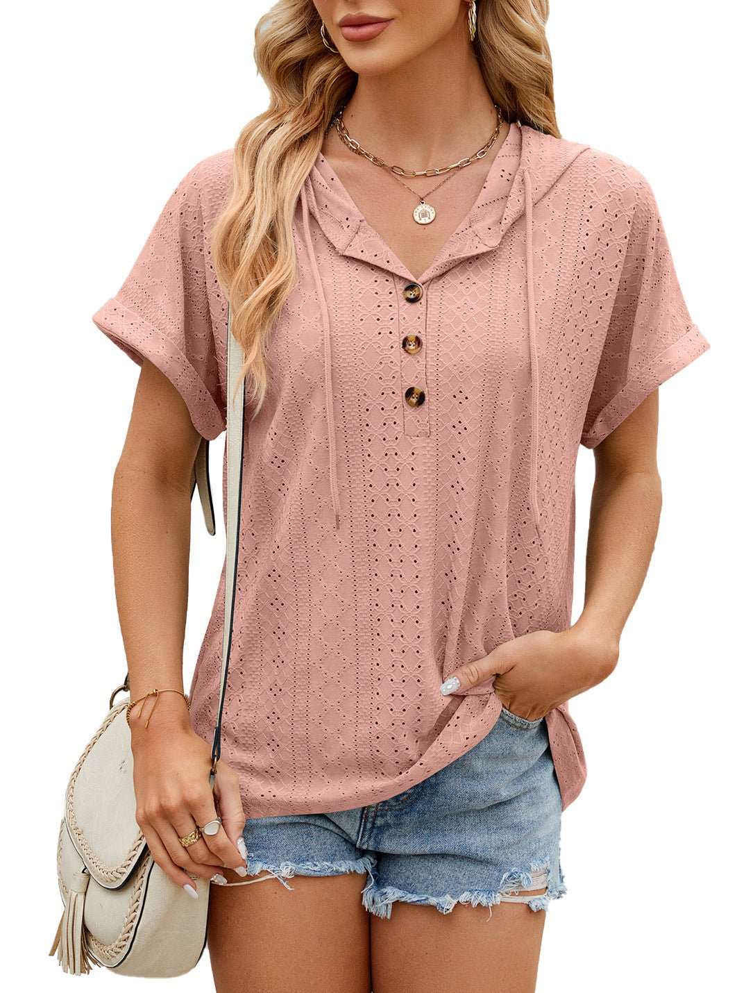 New Solid Color Hooded Button T-shirt Loose Hollow Design Short - sleeved Top For Womens Clothing - AMIR BAGS INDIA PRIVATE LIMITED