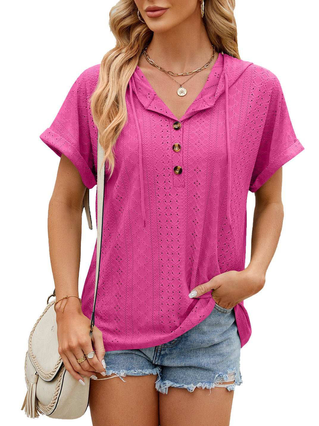 New Solid Color Hooded Button T-shirt Loose Hollow Design Short - sleeved Top For Womens Clothing - AMIR BAGS INDIA PRIVATE LIMITED