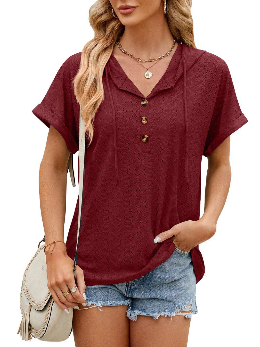 New Solid Color Hooded Button T-shirt Loose Hollow Design Short - sleeved Top For Womens Clothing - AMIR BAGS INDIA PRIVATE LIMITED
