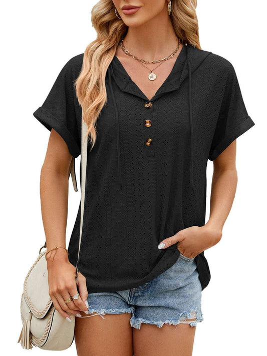 New Solid Color Hooded Button T-shirt Loose Hollow Design Short - sleeved Top For Womens Clothing - AMIR BAGS INDIA PRIVATE LIMITED