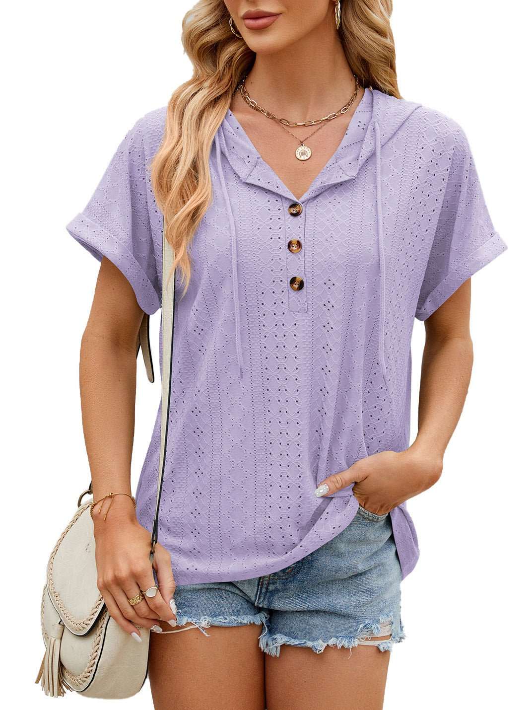 New Solid Color Hooded Button T-shirt Loose Hollow Design Short - sleeved Top For Womens Clothing - AMIR BAGS INDIA PRIVATE LIMITED