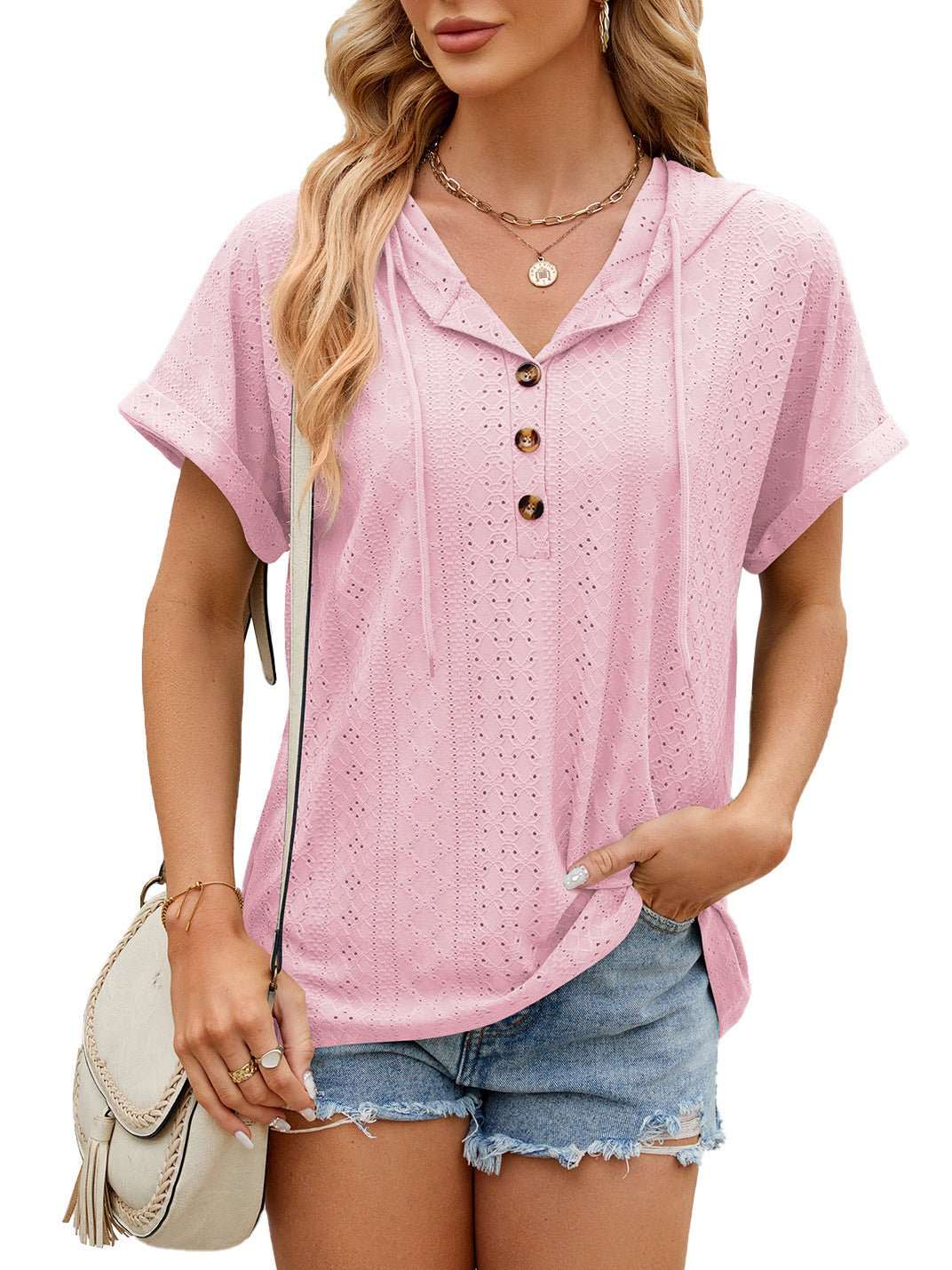 New Solid Color Hooded Button T-shirt Loose Hollow Design Short - sleeved Top For Womens Clothing - AMIR BAGS INDIA PRIVATE LIMITED