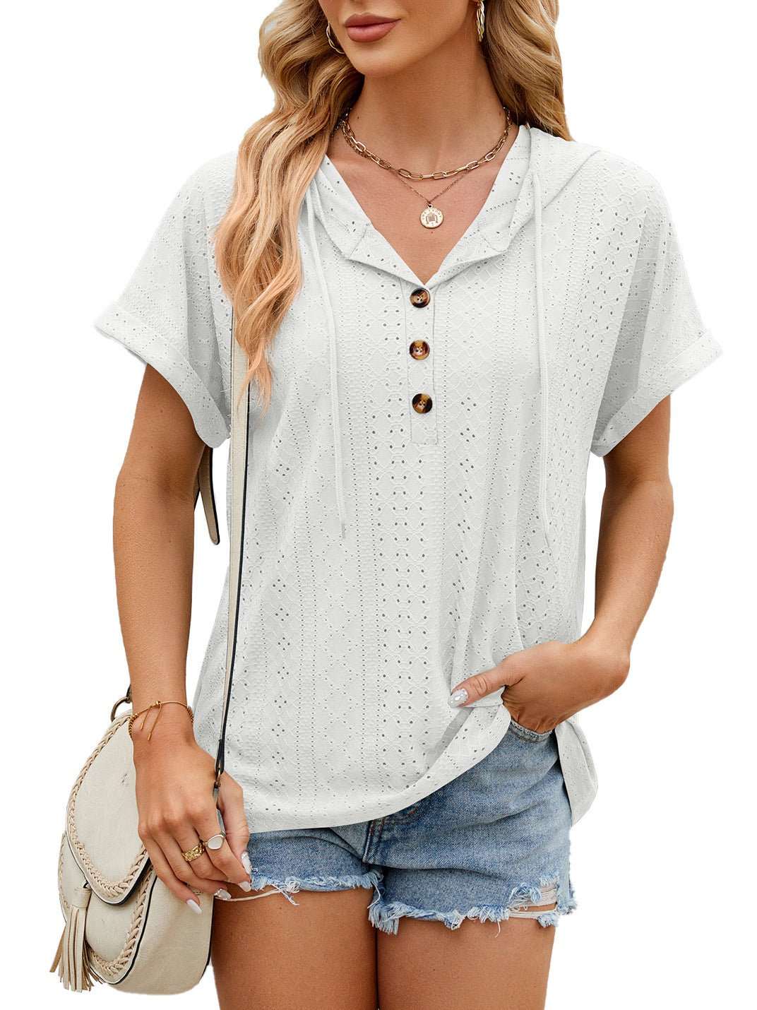New Solid Color Hooded Button T-shirt Loose Hollow Design Short - sleeved Top For Womens Clothing - AMIR BAGS INDIA PRIVATE LIMITED