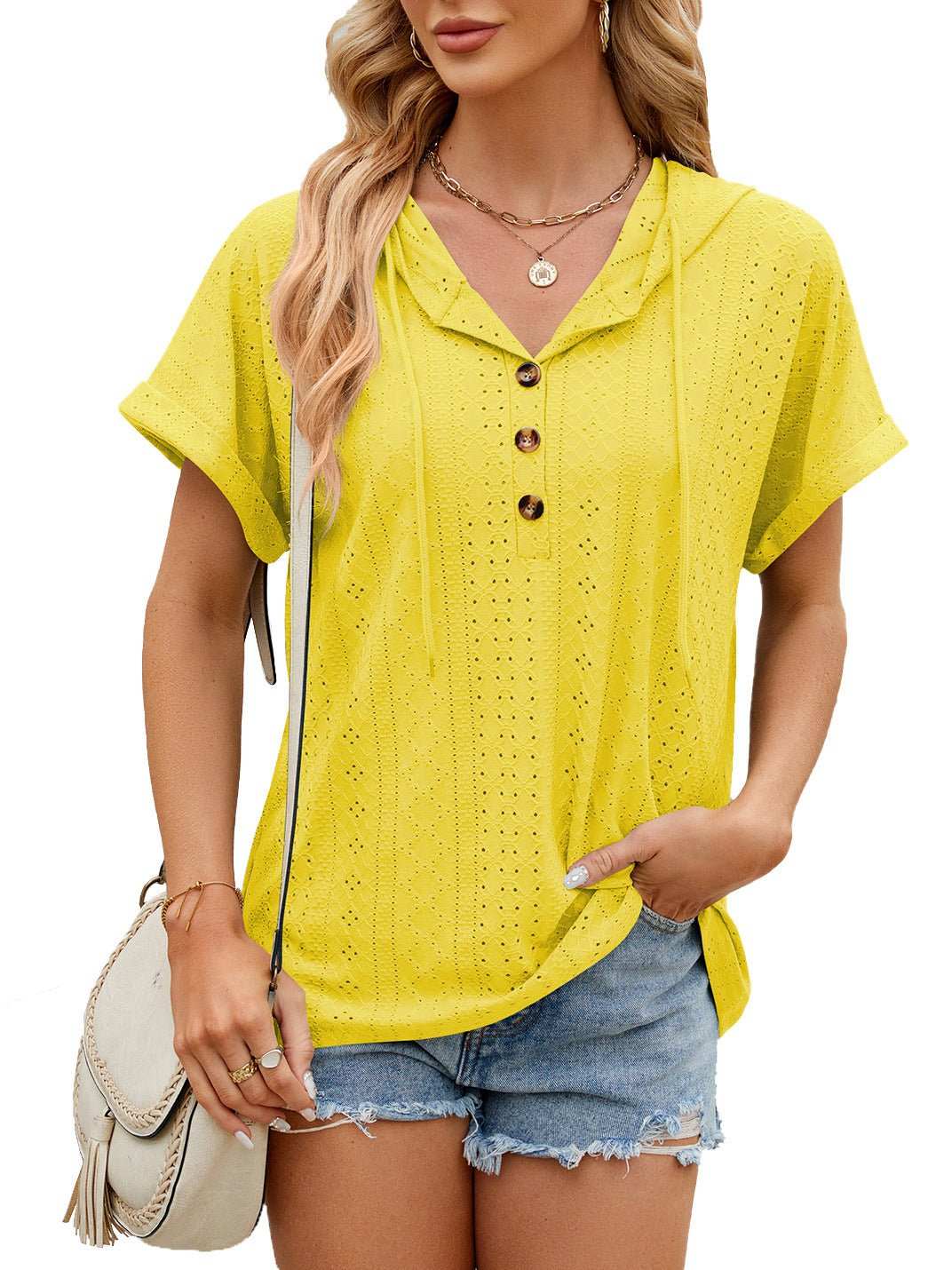 New Solid Color Hooded Button T-shirt Loose Hollow Design Short - sleeved Top For Womens Clothing - AMIR BAGS INDIA PRIVATE LIMITED