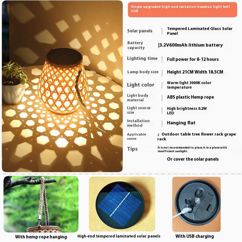 Outdoor Solar Lantern Lights Waterproof High Brightness Hanging Imitation Bamboo Weaving Hollowed Table Lamp Decoration - AMIR BAGS INDIA PRIVATE LIMITED