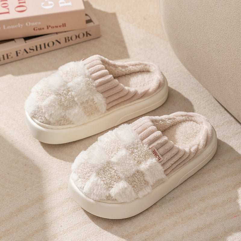 Plaid Plush Slippers Women's Indoor Plush Home Slippers Soft Sole Thick Non - Slip Warm House Shoes Couple Autumn And Winter - AMIR BAGS INDIA PRIVATE LIMITED
