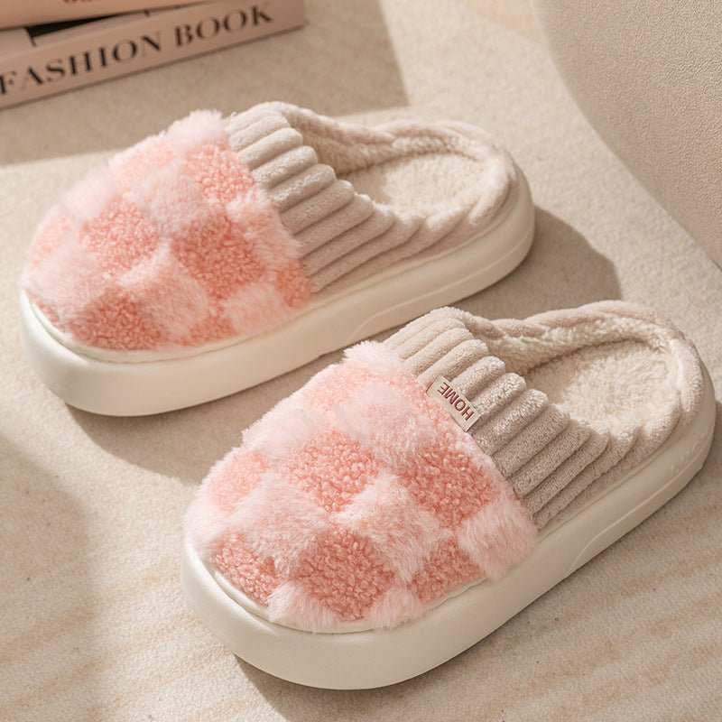Plaid Plush Slippers Women's Indoor Plush Home Slippers Soft Sole Thick Non - Slip Warm House Shoes Couple Autumn And Winter - AMIR BAGS INDIA PRIVATE LIMITED