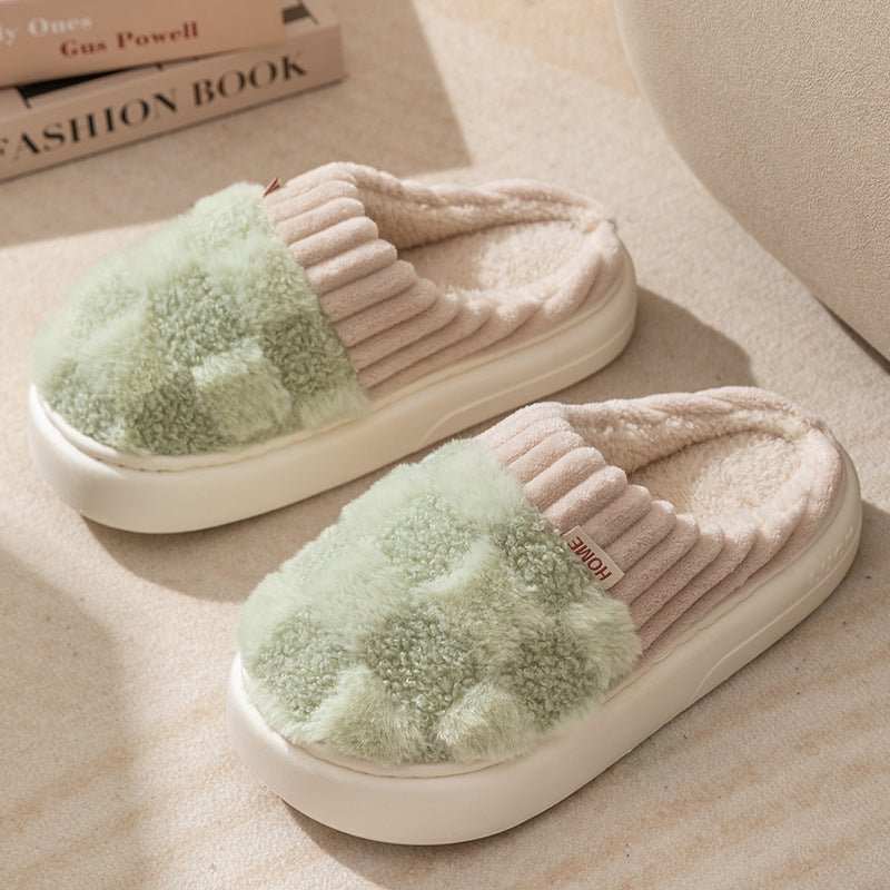 Plaid Plush Slippers Women's Indoor Plush Home Slippers Soft Sole Thick Non - Slip Warm House Shoes Couple Autumn And Winter - AMIR BAGS INDIA PRIVATE LIMITED