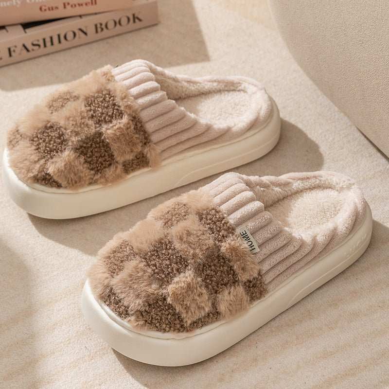 Plaid Plush Slippers Women's Indoor Plush Home Slippers Soft Sole Thick Non - Slip Warm House Shoes Couple Autumn And Winter - AMIR BAGS INDIA PRIVATE LIMITED