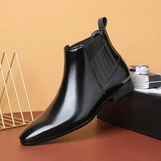 Pointed Toe Chelsea - style Boots For Men Fashion British Style Square Heel Business Formal Leather Shoes - AMIR BAGS INDIA PRIVATE LIMITED