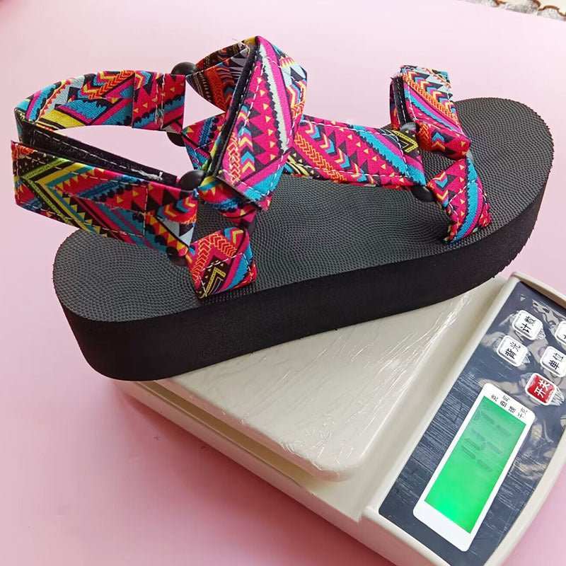 Printed Velcro - design Sandals Summer Ethnic Style Thick Flat Sandals Women's Fashion Casual Beach Shoes - AMIR BAGS INDIA PRIVATE LIMITED