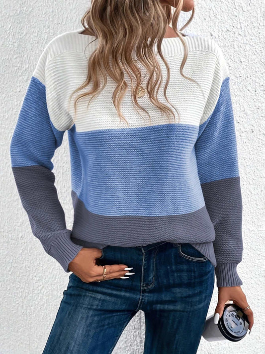 Pullover Knitted Sweater Fashion Round Neck Splicing Knitwear Loose Top Women's Clothing - AMIR BAGS INDIA PRIVATE LIMITED
