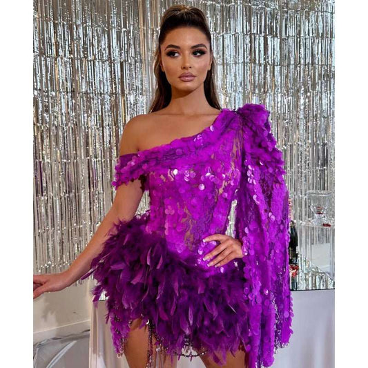 Purple Sequined Feather Skirt One - shoulder Sleeve Short Dress Luxury Party Stage Performance Dress - AMIR BAGS INDIA PRIVATE LIMITED