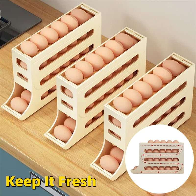 Refrigerator 4 - Layer Automatic Egg Roller Sliding Egg Tray Refrigerator Side Door Large Capacity Holder Egg Storage Box Kitchen Gadgets - AMIR BAGS INDIA PRIVATE LIMITED