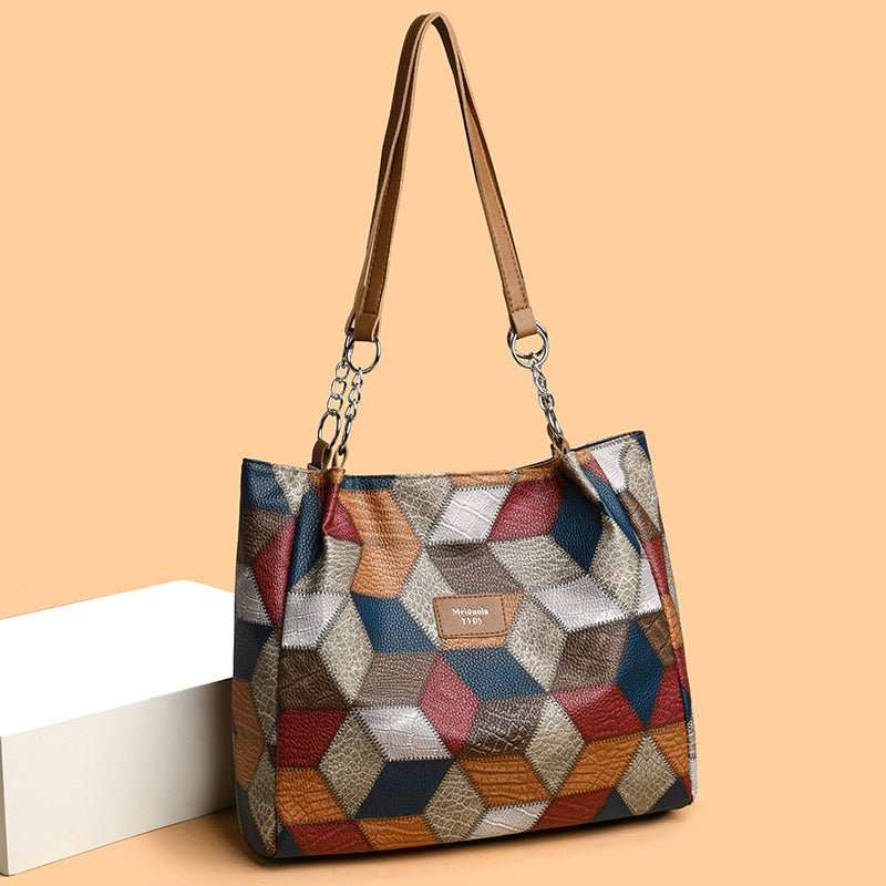 Retro Geometric Pattern Color - matching Shoulder Bag Fashion Large Capacity Stitching Handbag For Women Totes - AMIR BAGS INDIA PRIVATE LIMITED