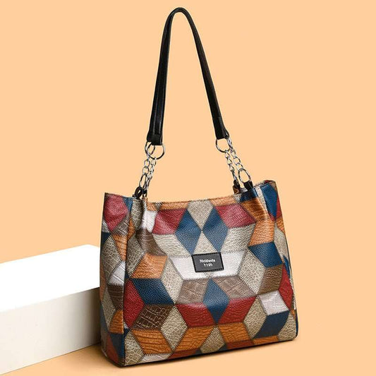 Retro Geometric Pattern Color - matching Shoulder Bag Fashion Large Capacity Stitching Handbag For Women Totes - AMIR BAGS INDIA PRIVATE LIMITED