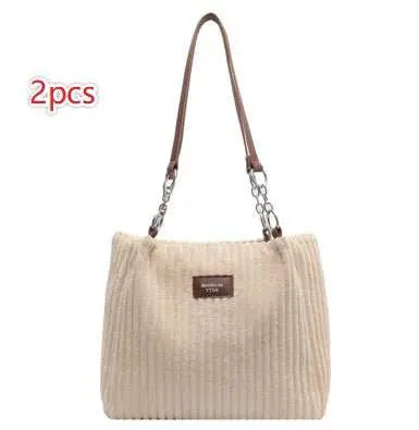 Retro Large Capacity Shoulder Bag Casual Simple Portable Shopper Tote Bag Corduroy Solid Commuter Zipper Women's Handbag - AMIR BAGS INDIA PRIVATE LIMITED