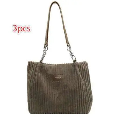 Retro Large Capacity Shoulder Bag Casual Simple Portable Shopper Tote Bag Corduroy Solid Commuter Zipper Women's Handbag - AMIR BAGS INDIA PRIVATE LIMITED