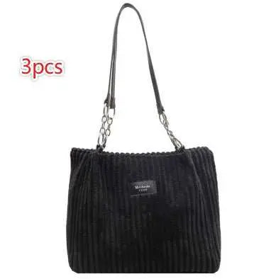 Retro Large Capacity Shoulder Bag Casual Simple Portable Shopper Tote Bag Corduroy Solid Commuter Zipper Women's Handbag - AMIR BAGS INDIA PRIVATE LIMITED