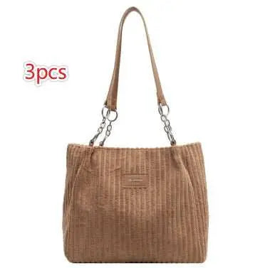 Retro Large Capacity Shoulder Bag Casual Simple Portable Shopper Tote Bag Corduroy Solid Commuter Zipper Women's Handbag - AMIR BAGS INDIA PRIVATE LIMITED