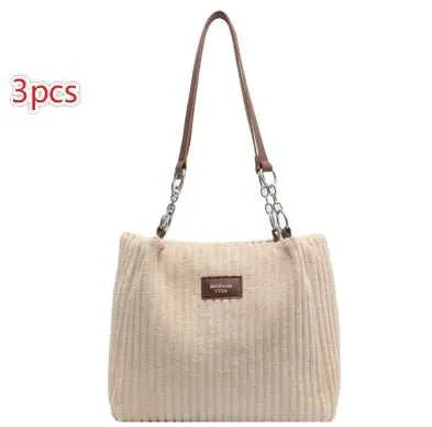 Retro Large Capacity Shoulder Bag Casual Simple Portable Shopper Tote Bag Corduroy Solid Commuter Zipper Women's Handbag - AMIR BAGS INDIA PRIVATE LIMITED