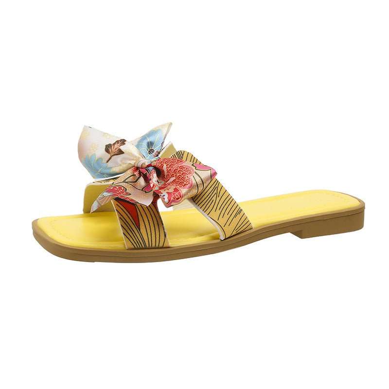 Ribbon Bow Sandals Summer New Square Toe Low Heel Sandal For Women Slides Fashion Casual Beach Shoes - AMIR BAGS INDIA PRIVATE LIMITED