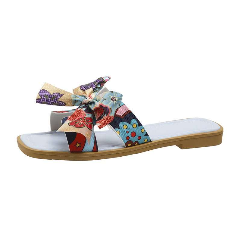 Ribbon Bow Sandals Summer New Square Toe Low Heel Sandal For Women Slides Fashion Casual Beach Shoes - AMIR BAGS INDIA PRIVATE LIMITED