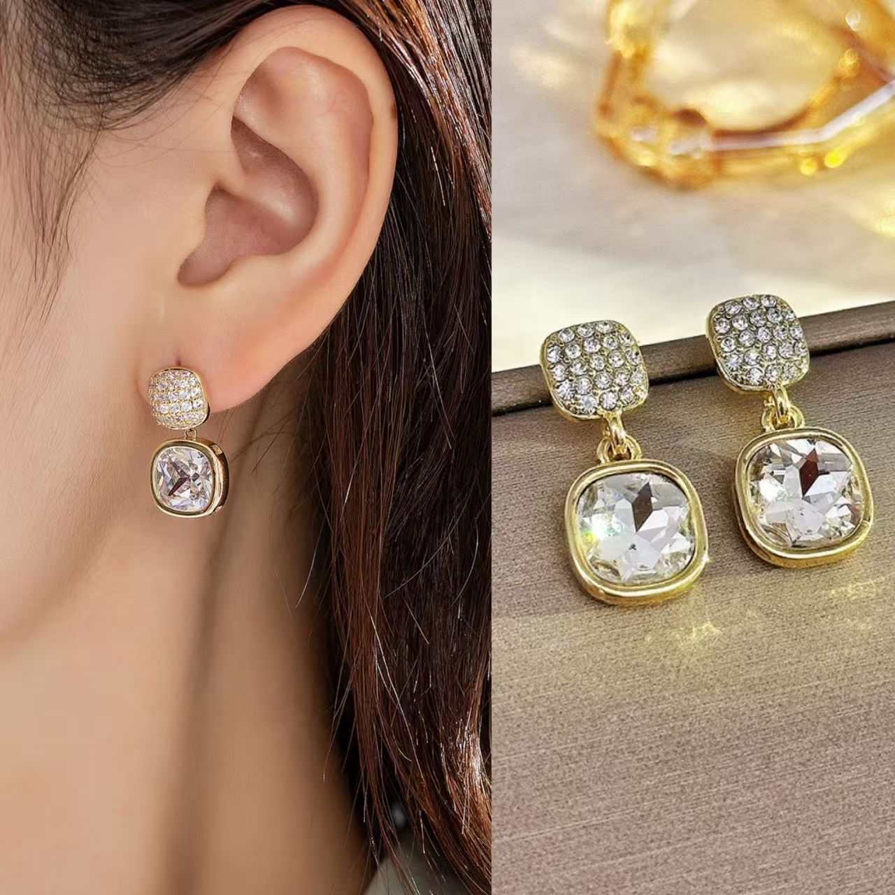 Simple Square Zircon Stud Earrings Ins Light Luxury High - end Women's New All - matching - AMIR BAGS INDIA PRIVATE LIMITED