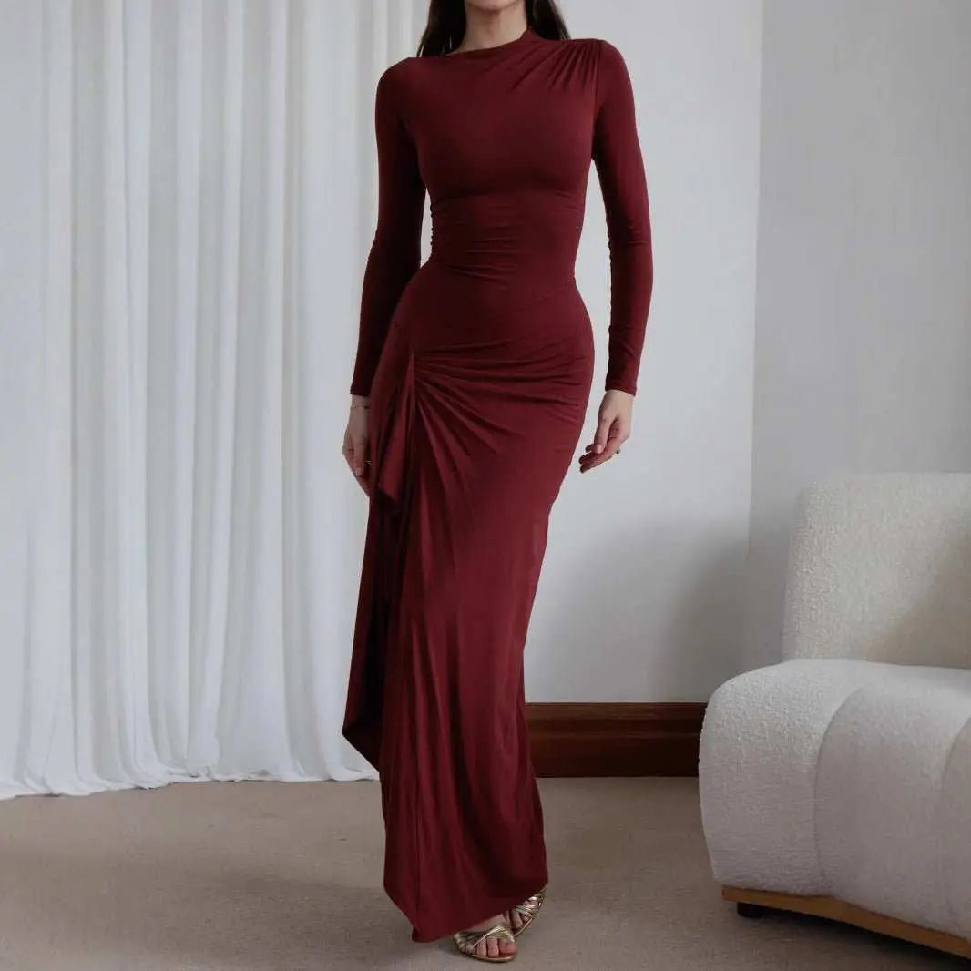 Slim - fitting Long - sleeved Asymmetric Split Dress Ins Fashion Solid Color Long Dresses For Women - AMIR BAGS INDIA PRIVATE LIMITED