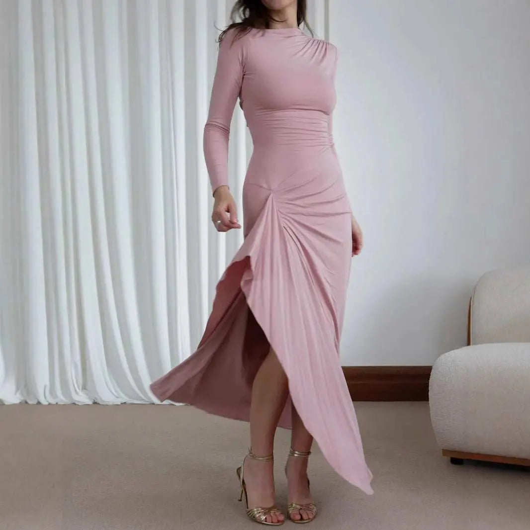 Slim - fitting Long - sleeved Asymmetric Split Dress Ins Fashion Solid Color Long Dresses For Women - AMIR BAGS INDIA PRIVATE LIMITED