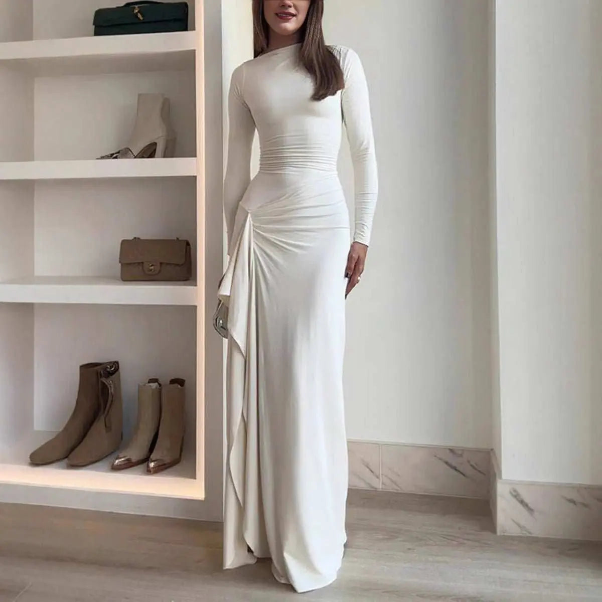 Slim - fitting Long - sleeved Asymmetric Split Dress Ins Fashion Solid Color Long Dresses For Women - AMIR BAGS INDIA PRIVATE LIMITED