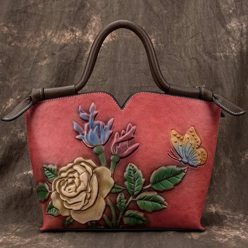 Small Ladies Genuine Leather Tote Bag Vintage Floral Shoulder Bags for Women 2024 New Handmade Cow Leather Handbag Female - AMIR BAGS INDIA PRIVATE LIMITED
