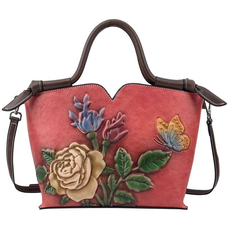 Small Ladies Genuine Leather Tote Bag Vintage Floral Shoulder Bags for Women 2024 New Handmade Cow Leather Handbag Female - AMIR BAGS INDIA PRIVATE LIMITED