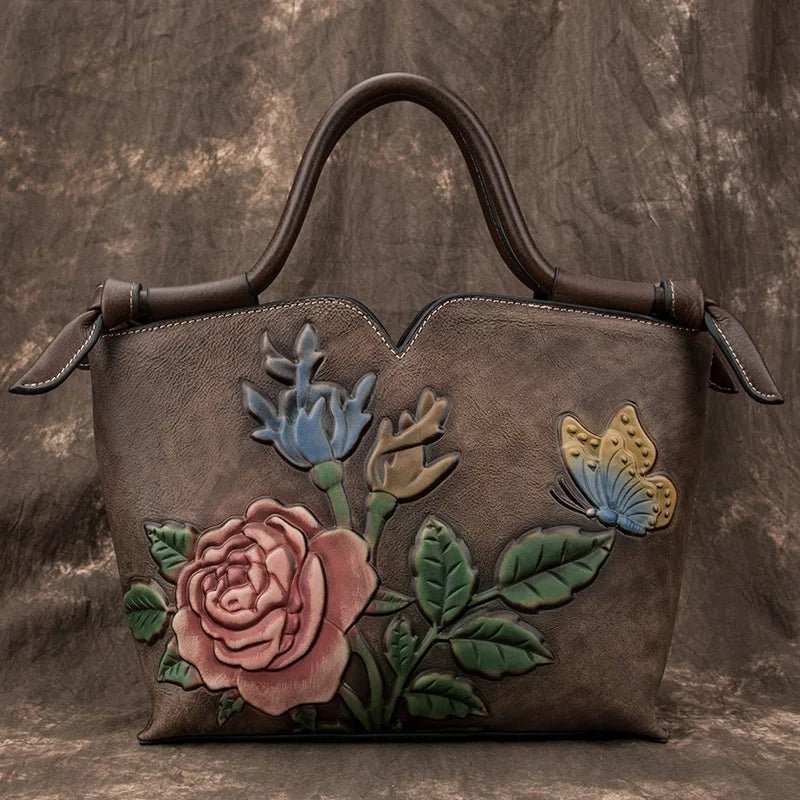 Small Ladies Genuine Leather Tote Bag Vintage Floral Shoulder Bags for Women 2024 New Handmade Cow Leather Handbag Female - AMIR BAGS INDIA PRIVATE LIMITED