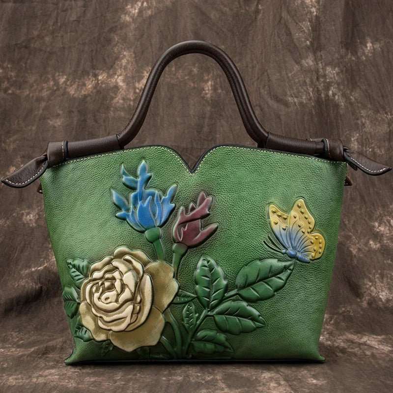 Small Ladies Genuine Leather Tote Bag Vintage Floral Shoulder Bags for Women 2024 New Handmade Cow Leather Handbag Female - AMIR BAGS INDIA PRIVATE LIMITED