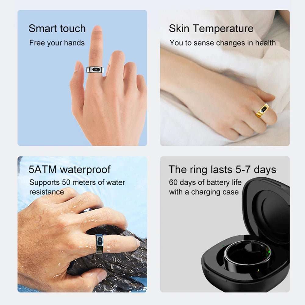 Smart Ring R08 Womens Men Electronic Smartring 5ATM Waterproof Blood Oxygen Pressure Health Monitor with Charging Case for Phone - AMIR BAGS INDIA PRIVATE LIMITED