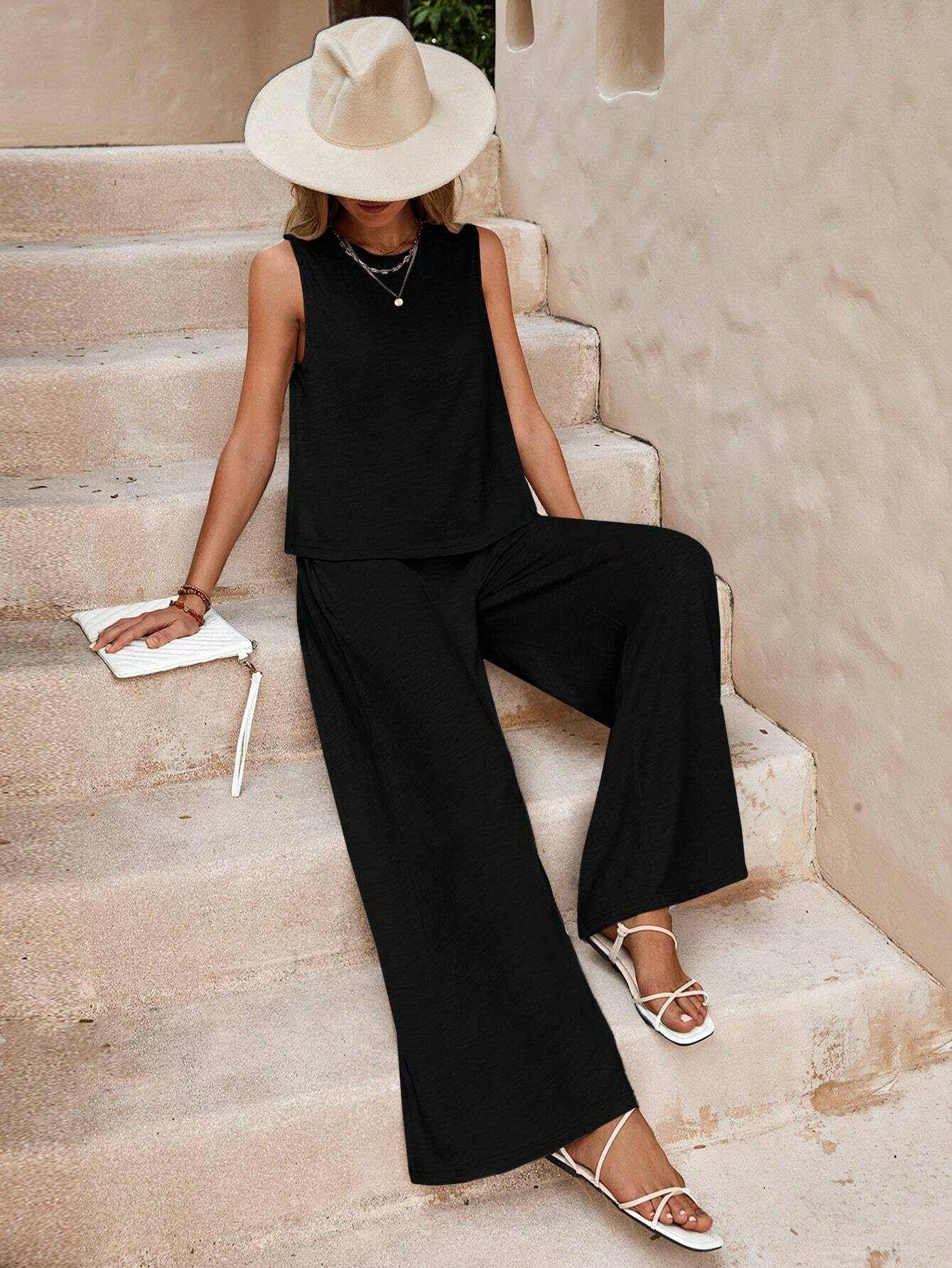 Solid Color Casual Loose Pants Sets For Women Elegant Spring Summer Women's Two Pieces Suit Full Trouser Set Female Outfit Clothes - AMIR BAGS INDIA PRIVATE LIMITED