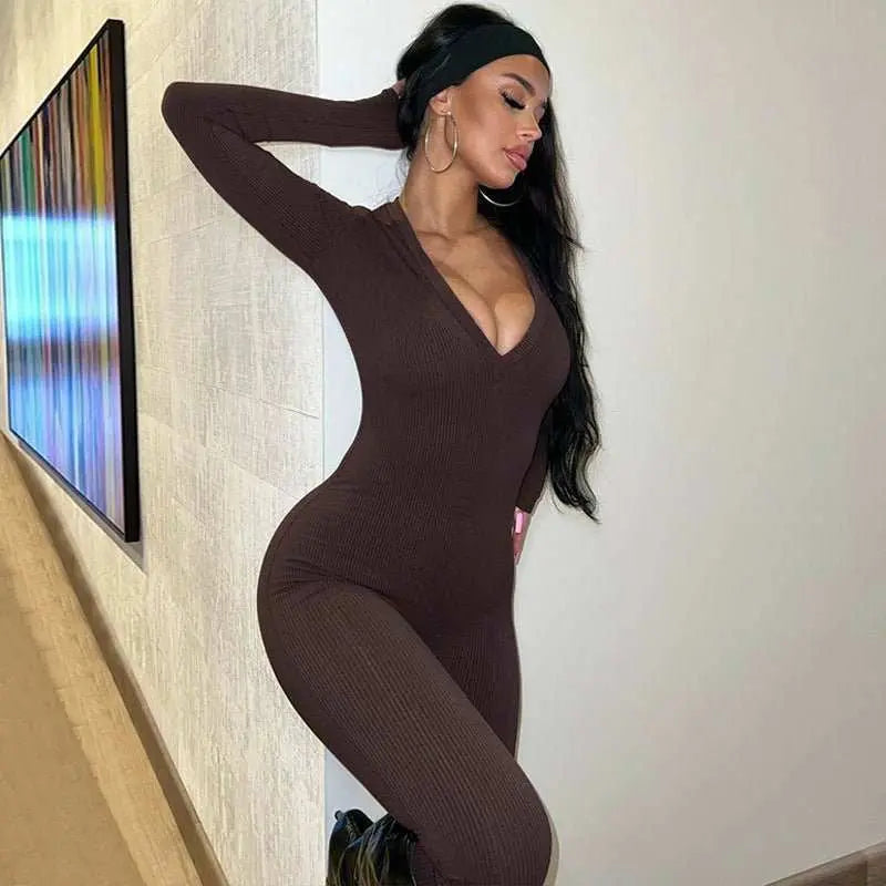 Solid Color Slim Fit Sports Long Sleeve Jumpsuit - AMIR BAGS INDIA PRIVATE LIMITED