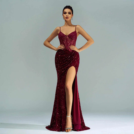 Spaghetti Straps Sleeveless Sequined High Slit Evening Dress - AMIR BAGS INDIA PRIVATE LIMITED
