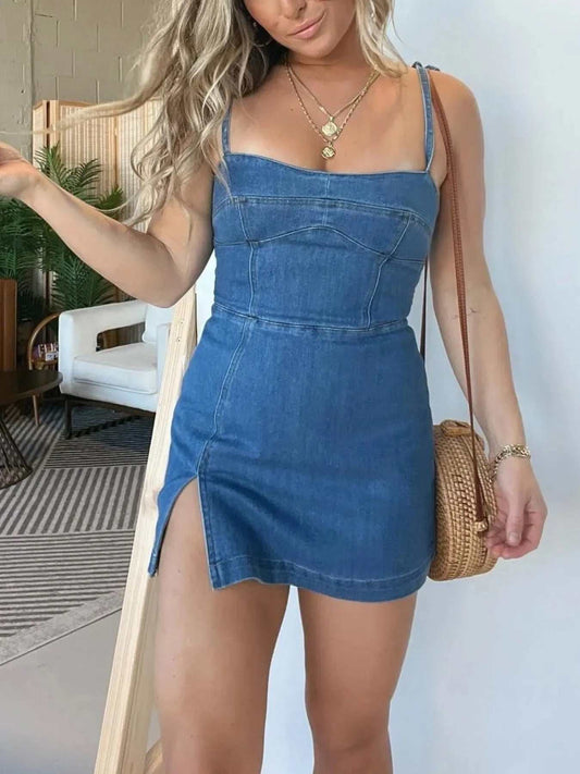 Square Neck Suspender Split Denim Dress With Back Zipper Design Summer Fashion Slim Sling Short Dresses For Women - AMIR BAGS INDIA PRIVATE LIMITED