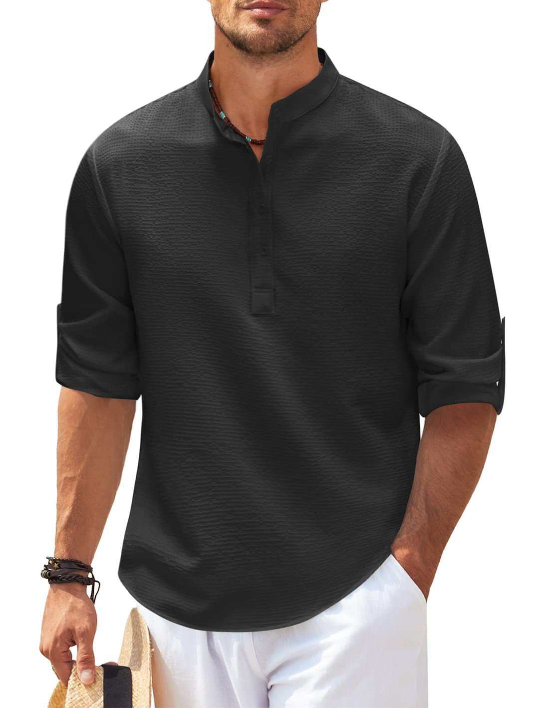 Stand Collar Button Shirt Summer Pineapple Texture Shirt Casual Top Men's Clothing - AMIR BAGS INDIA PRIVATE LIMITED