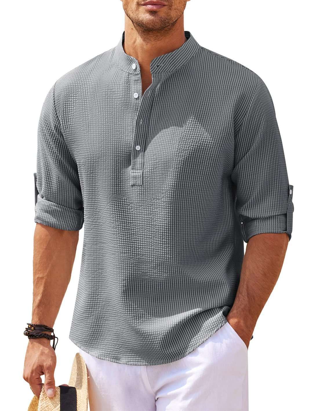Stand Collar Button Shirt Summer Pineapple Texture Shirt Casual Top Men's Clothing - AMIR BAGS INDIA PRIVATE LIMITED