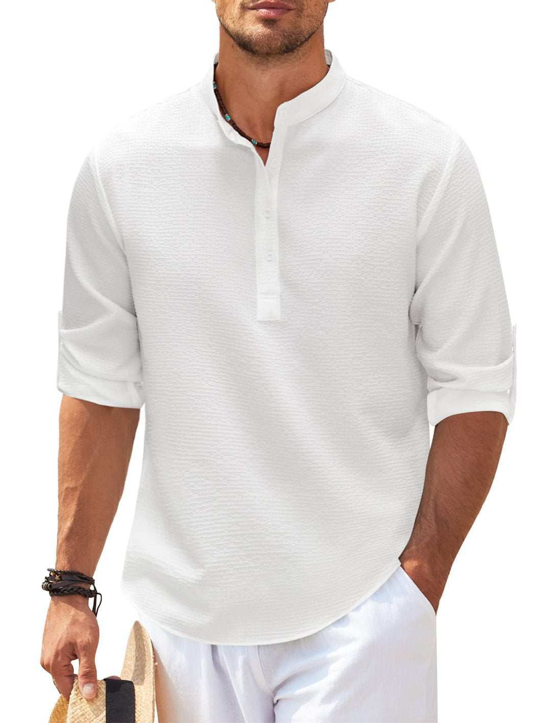 Stand Collar Button Shirt Summer Pineapple Texture Shirt Casual Top Men's Clothing - AMIR BAGS INDIA PRIVATE LIMITED