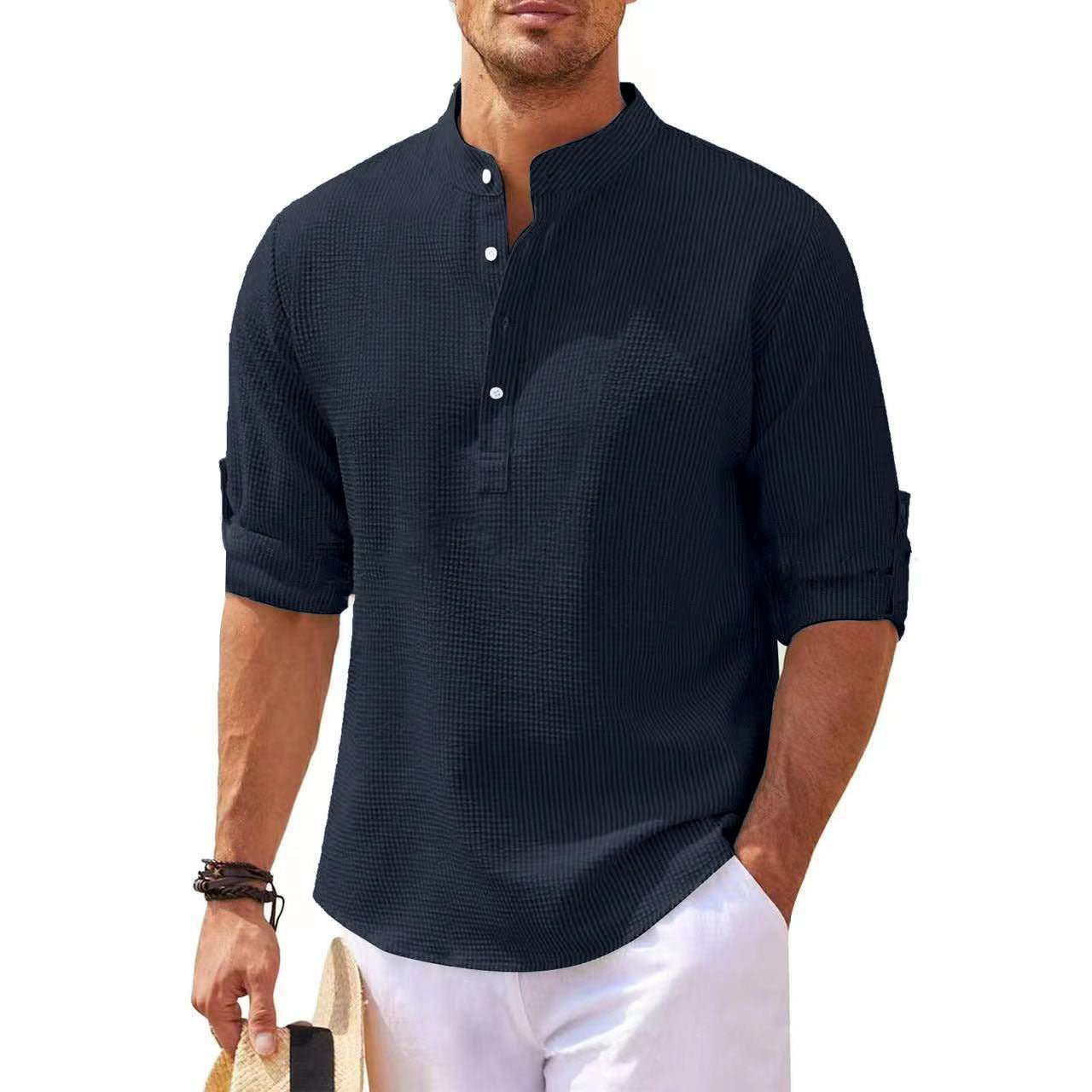 Stand Collar Button Shirt Summer Pineapple Texture Shirt Casual Top Men's Clothing - AMIR BAGS INDIA PRIVATE LIMITED