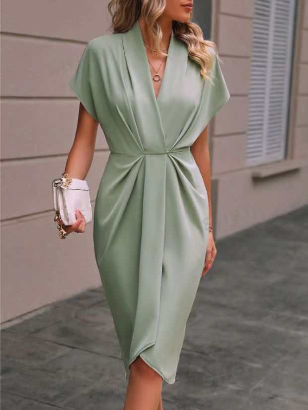 Summer Batwing Sleeve Dress Fashion V - neck Short Sleeve Pleated Dresses Womens Clothing - AMIR BAGS INDIA PRIVATE LIMITED