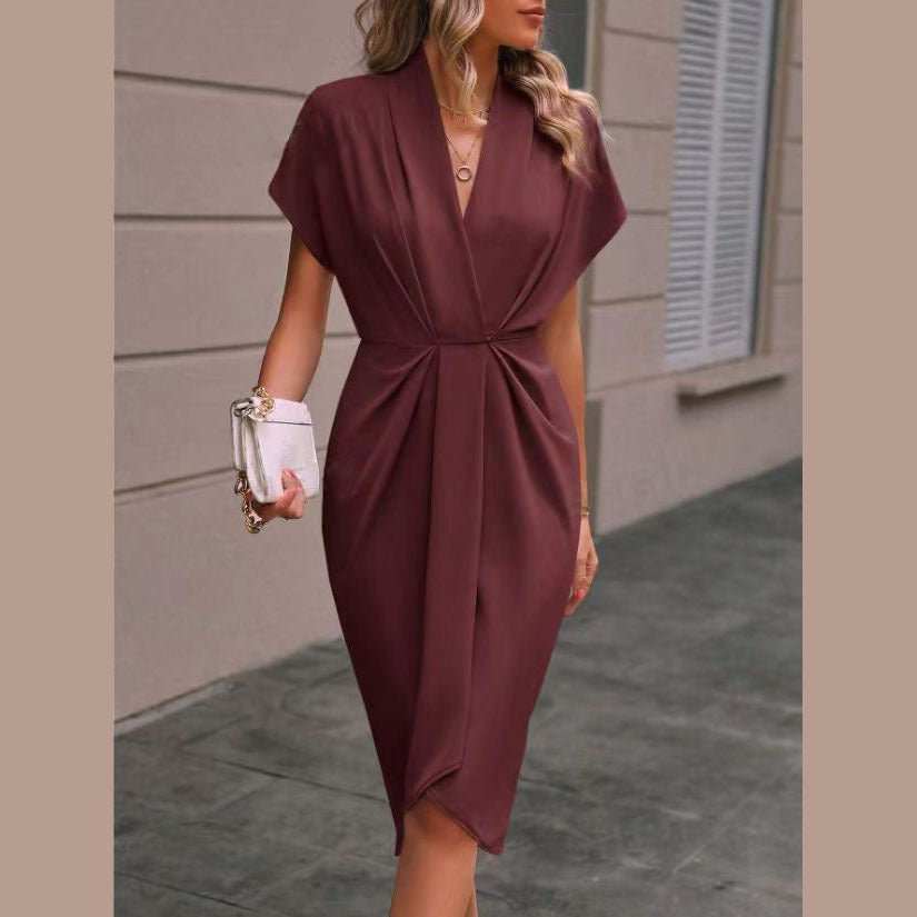 Summer Batwing Sleeve Dress Fashion V - neck Short Sleeve Pleated Dresses Womens Clothing - AMIR BAGS INDIA PRIVATE LIMITED