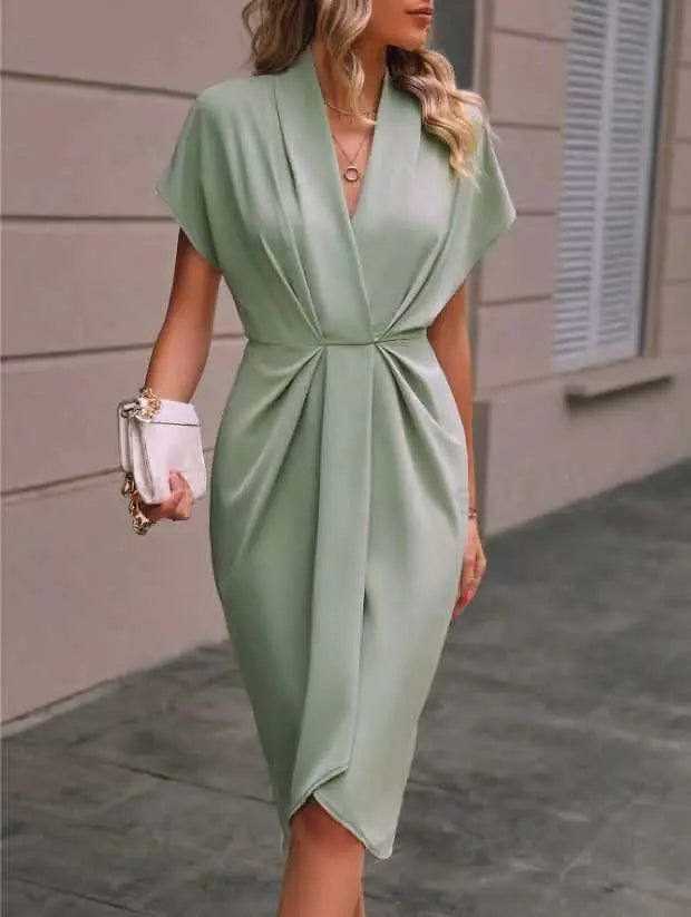 Summer Batwing Sleeve Dress Fashion V - neck Short Sleeve Pleated Dresses Womens Clothing - AMIR BAGS INDIA PRIVATE LIMITED